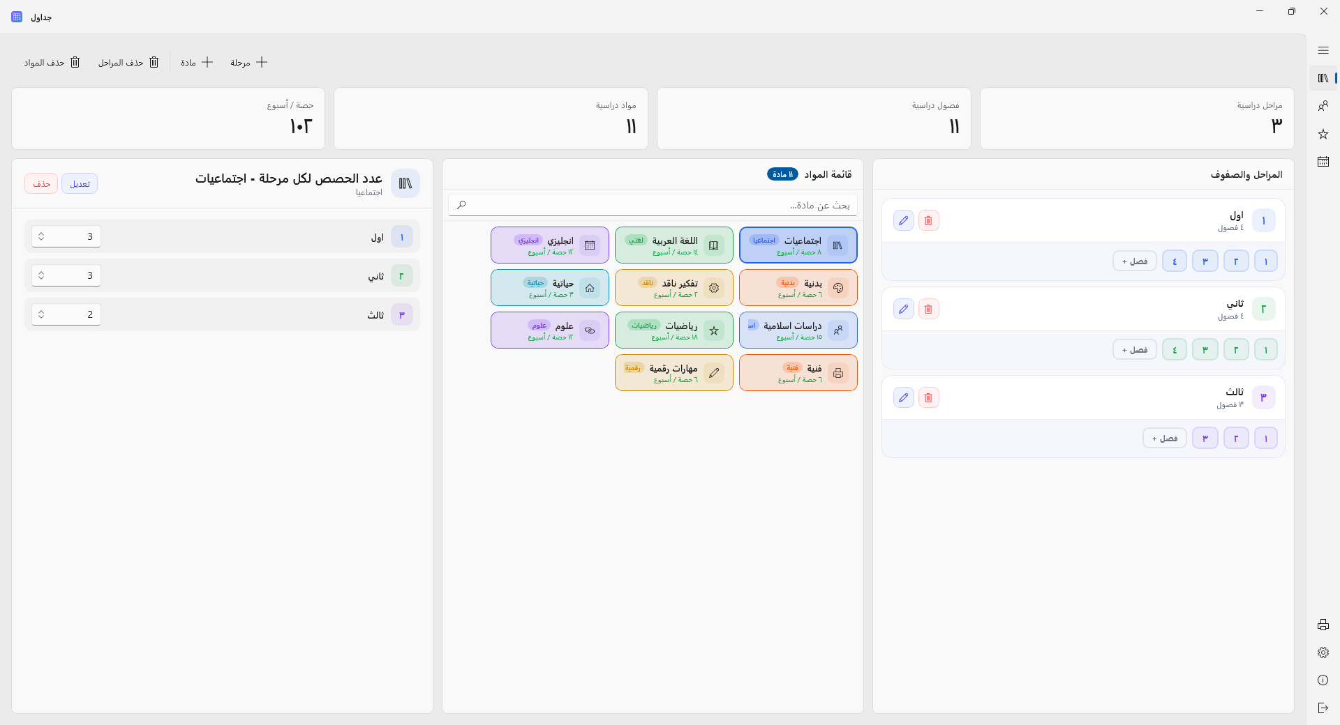 جداول - المراحل والمواد