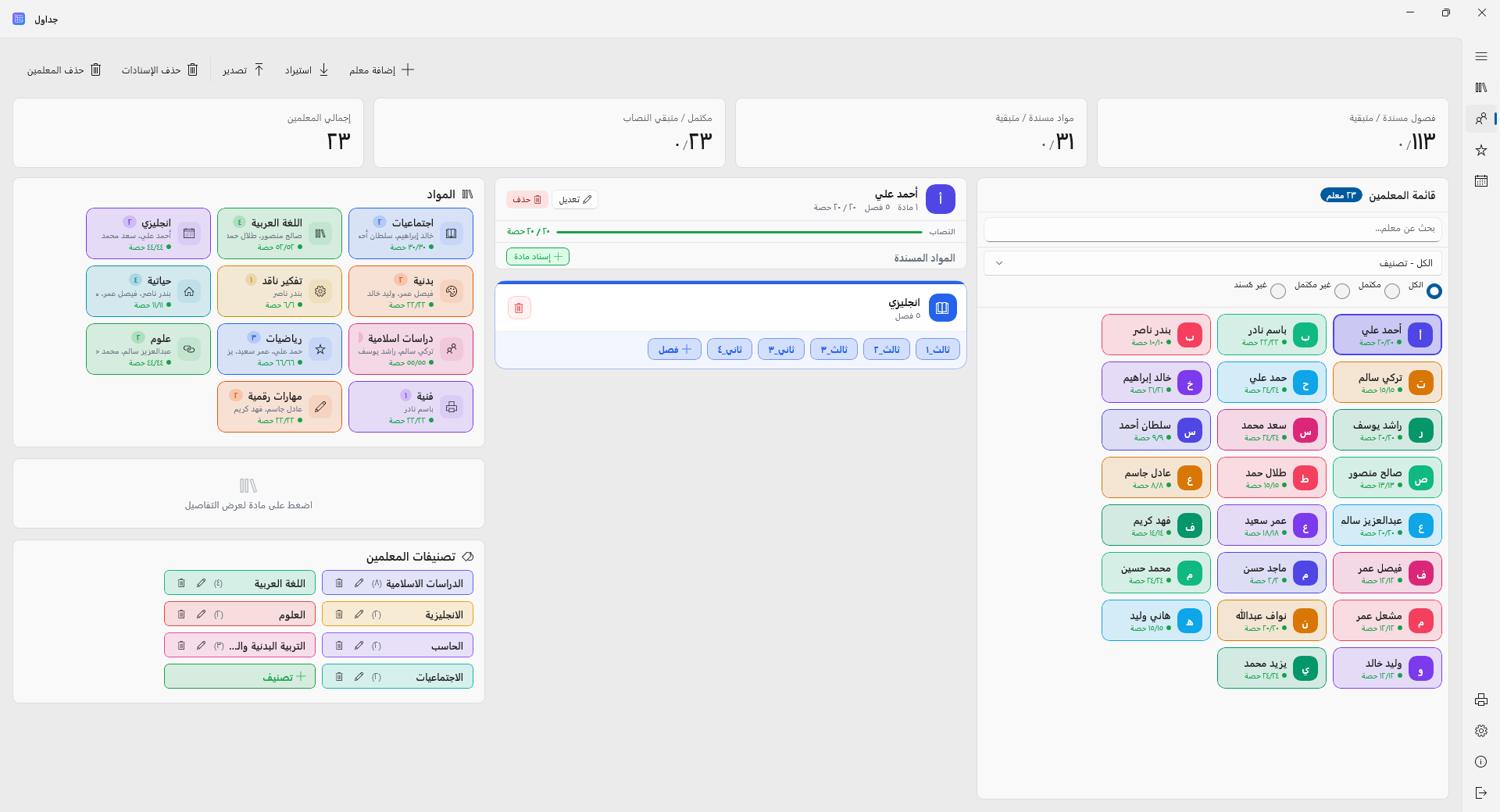 جداول - المعلمين والإسناد